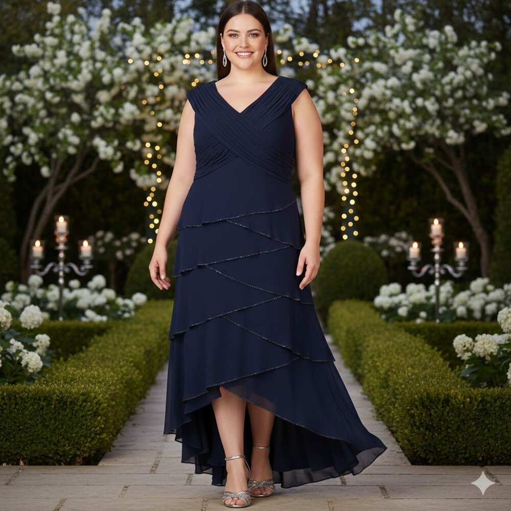 PATRA Navy Jersey Sleeveless Tiered Beaded Formal Evening Gown, Size 24W